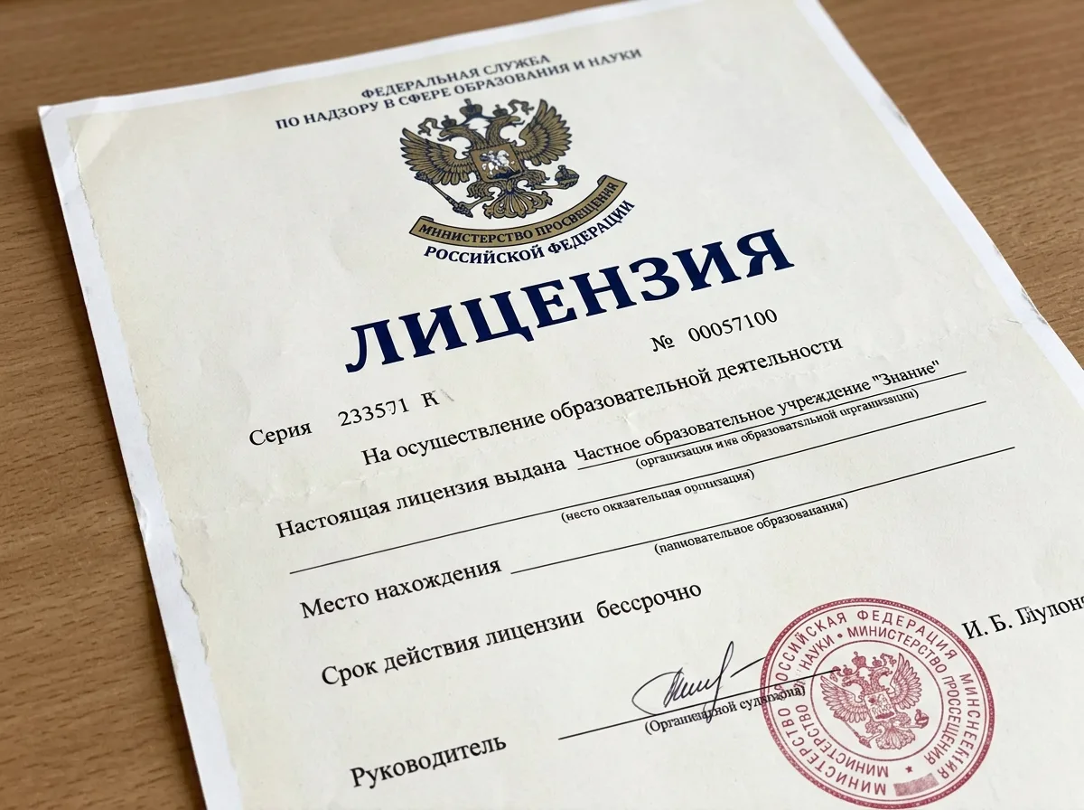 Лицензия Министерства просвещения РФ на образовательную деятельность — документ на официальном бланке с гербом, крупный план