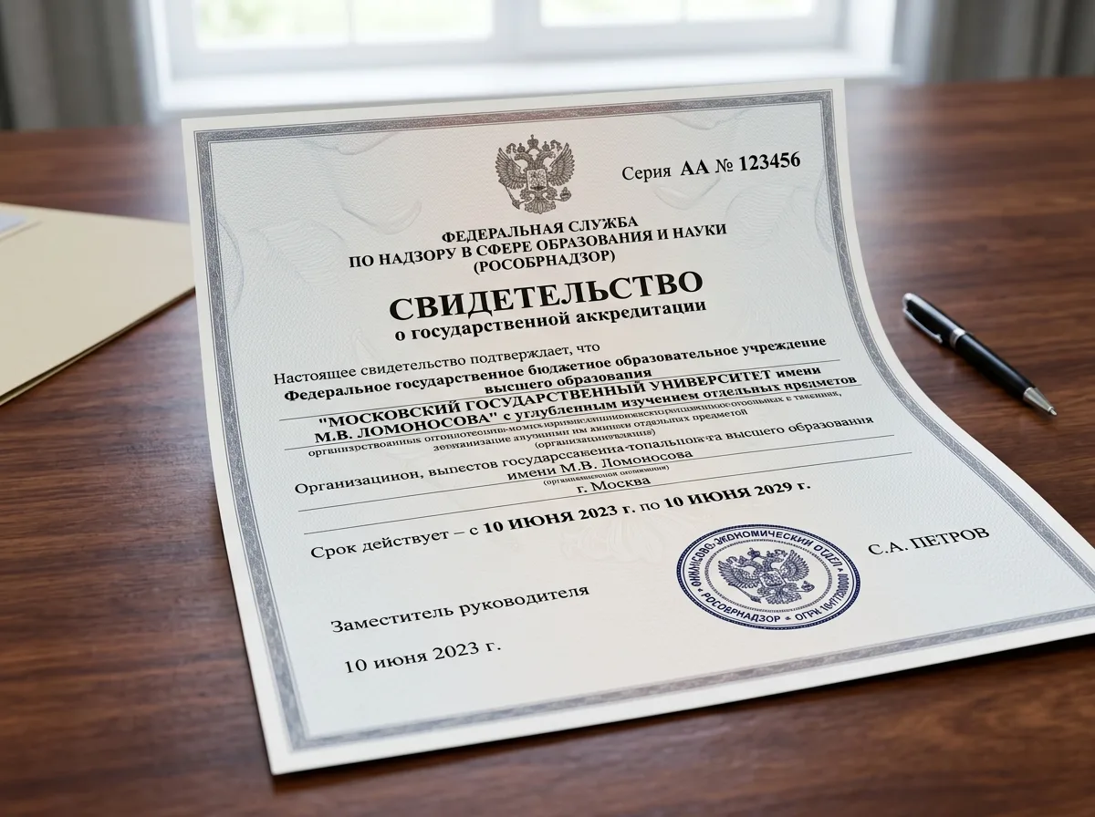 Свидетельство о государственной аккредитации образовательной организации — официальный документ Рособрнадзора, хорошо виден номер и печать