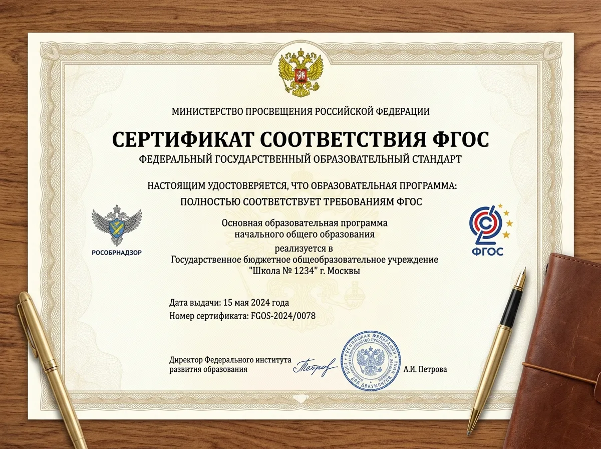 Сертификат соответствия ФГОС — цветной документ с логотипом и подтверждением соответствия программ федеральным государственным образовательным стандартам